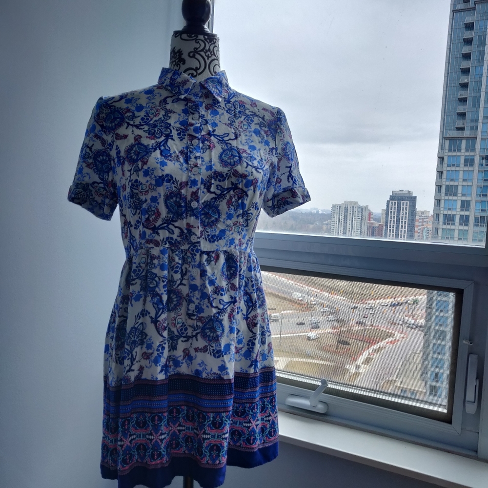 En Creme Spring Summer Button Down Dress in Blue